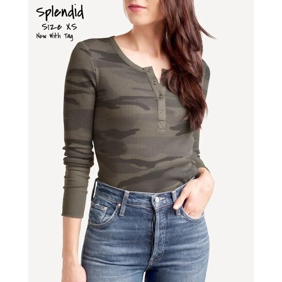 Splendid Camouflage Long Sleeve Thermal Henley Shirt Top for Size XS - New - Picture 1 of 5